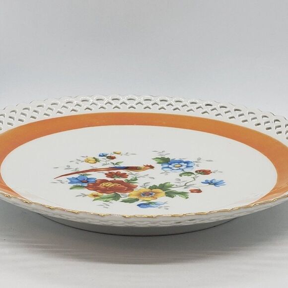 Bavaria Schumann Vintage Reticulated Edge Orange Lustre Bird Floral Decor Plate - Picture 3 of 11